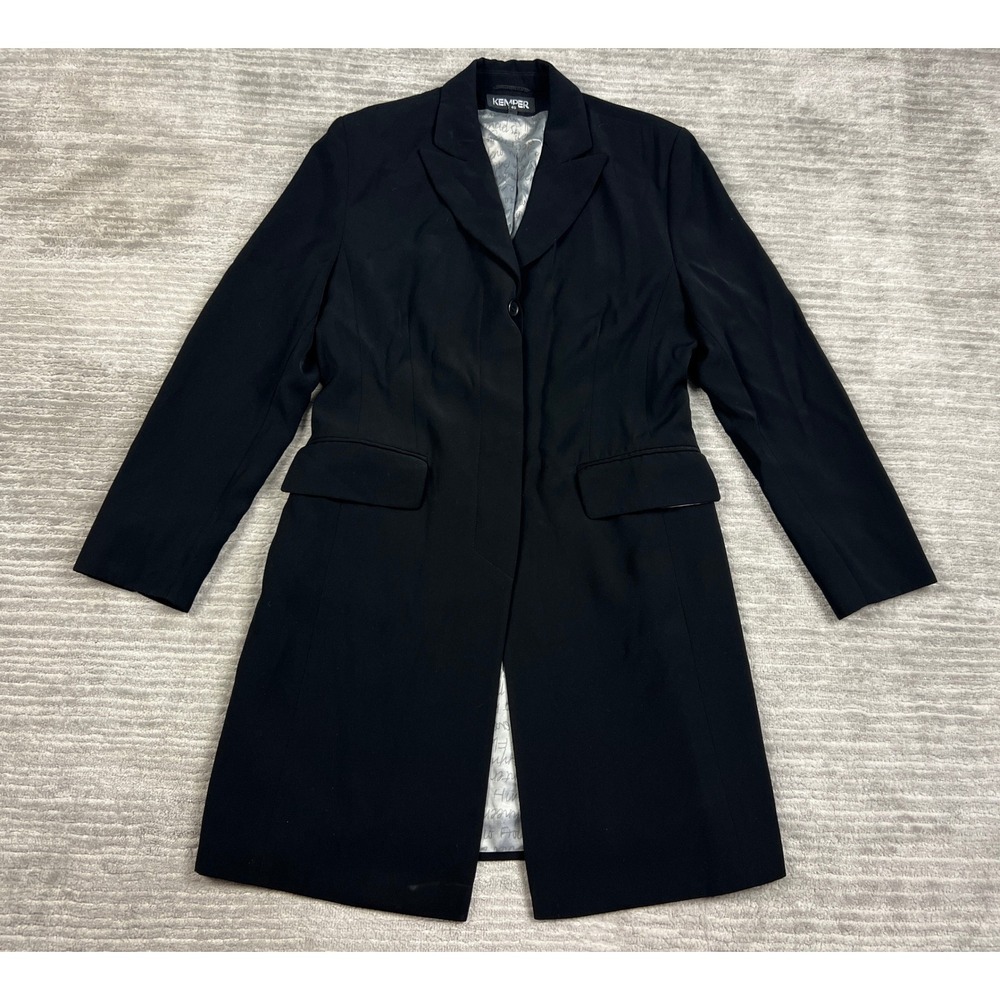 Kemper Blazer Coat Womens 40‎ Black Single Button Longline Script Lining Formal